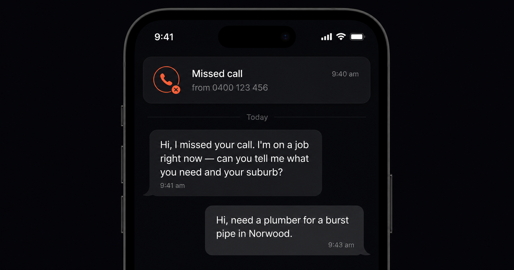 Phone showing a missed call notification followed by an automatic SMS reply within 60 seconds